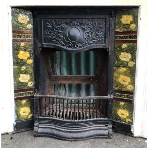 Fireplace - Cast Iron - Yellow Flower Tiles - 1j