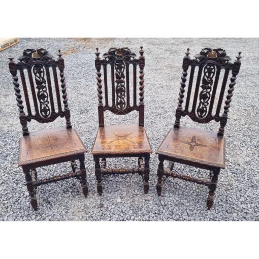 Set of 3x High Back Carved Oak Chairs KAS853 (7)